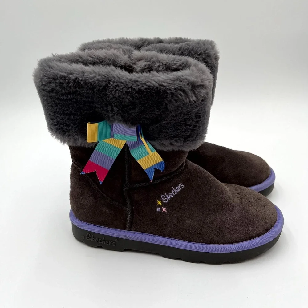 Skechers Winter Ankle Boots Girls 4 Dark Brown Suede Faux Fur Round Toe Side Zip